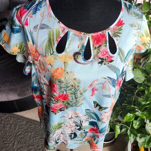 Talbots RSVP Line Tropical Multicolor Satiny Flutter Sleeve Blouse 1-2X